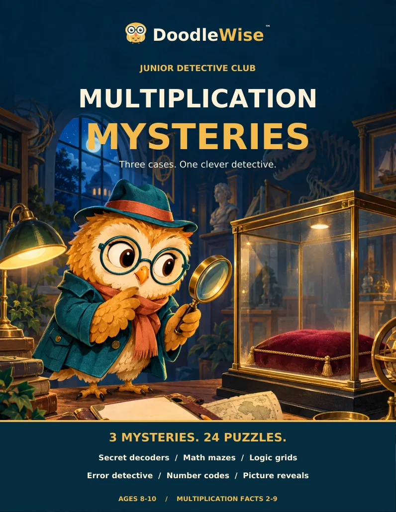 DoodleWise Multiplication Mysteries book cover, featuring Wise the owl